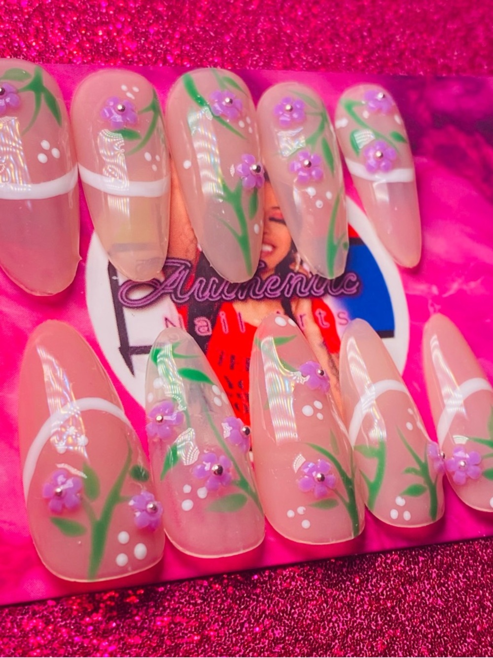 3D Purple Floral Press-On Nails